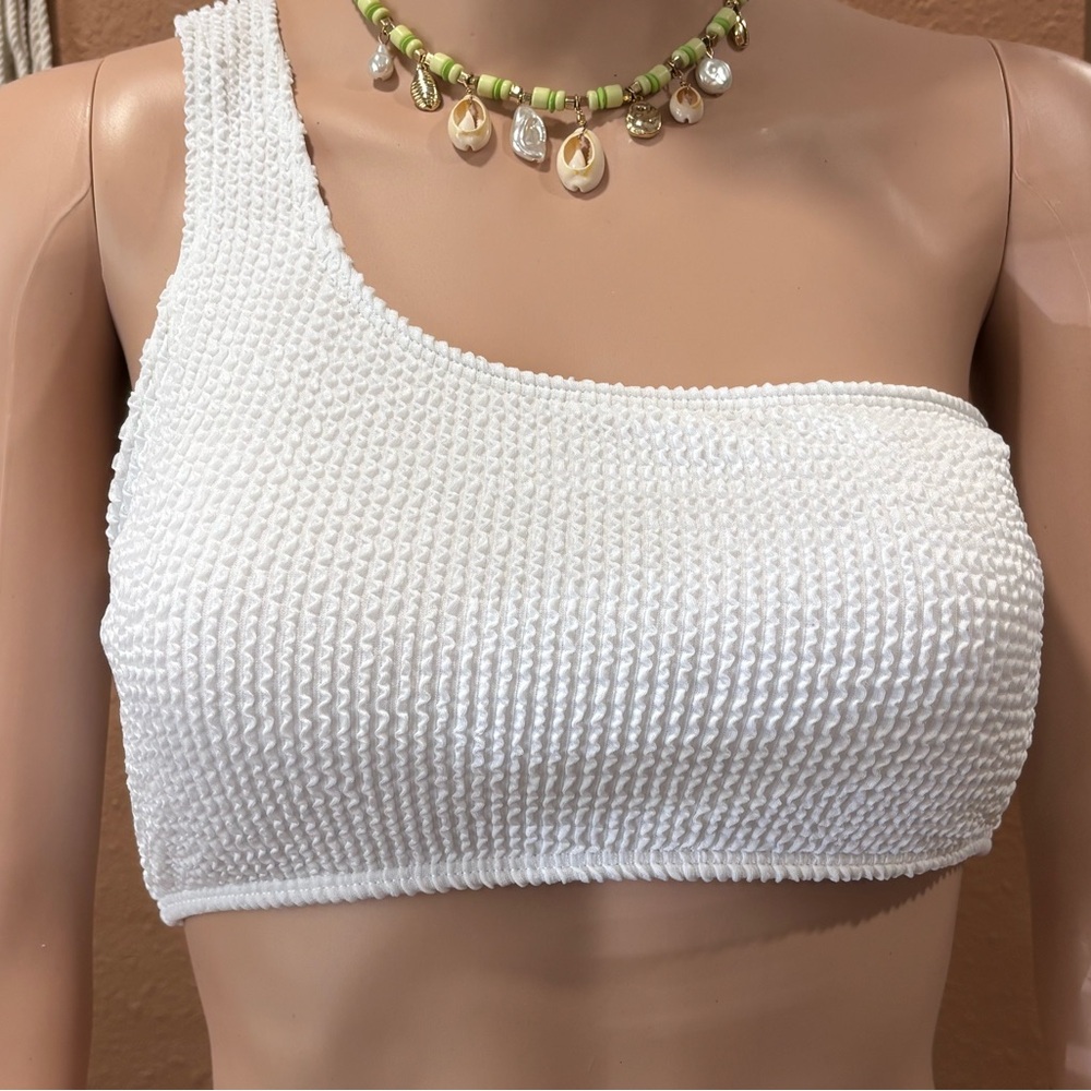 White Textured One-Shoulder Swimsuit Set - Picture 6 of 14